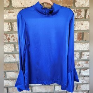 Paper London Royal Blue Mock Neck Statement Sleeve Silk Blouse 12 Career Event